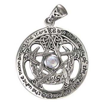 Sterling Silver Extra Large Cut Out Moon Pentacle Pendant with Rainbow Moonstone