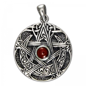 Sterling Silver Large Moon Pentacle Pendant with Garnet